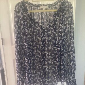 LOFT BOHO SILKY SHEER BUTTERFLY BLUE LONG SLEEVE RUFFLE TIE TOP XXL
